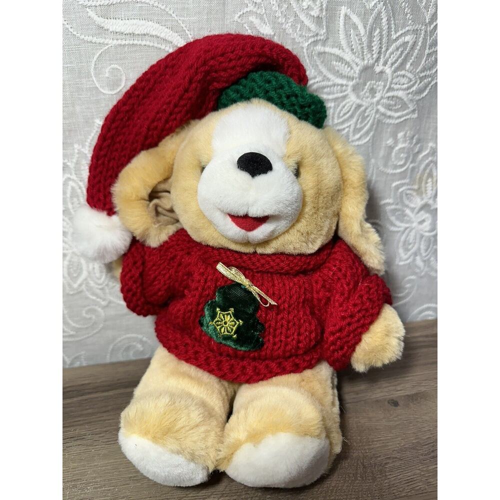 Vintage TB Trading Christmas Plush Dog Red Sweater Christmas Tree Brown Knit Hat
